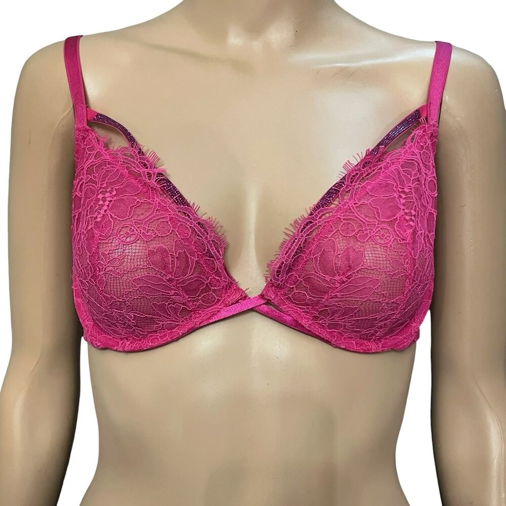 Victorias Secret Very Sexy Low Cut Demi Bra 36D Rhinestone Shine Strap Lace Pink